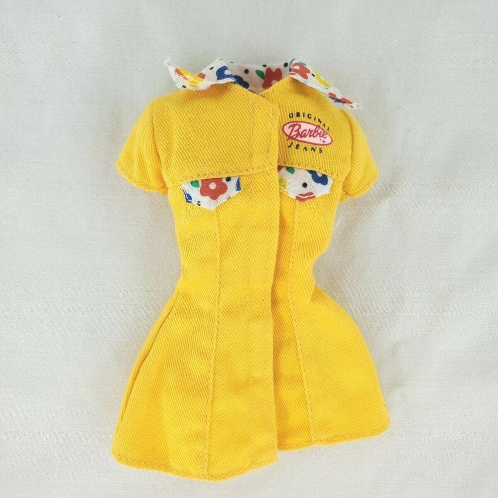 Vintage Barbie Yellow Denim Dress With Flower Trim Genuine Barbie Jeans EUC